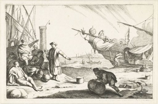 Harbor with merchants and sailing ships