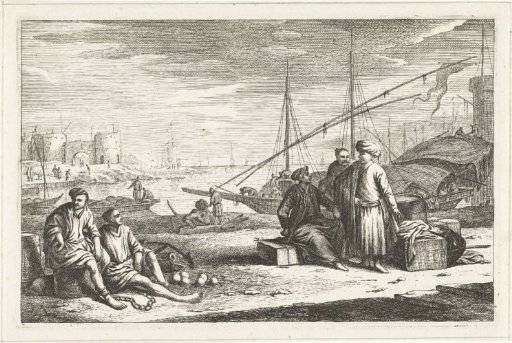 Harbor with merchants and prisoners
