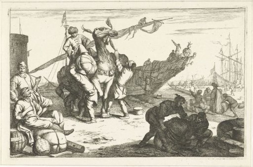 Harbor with merchants and a camel