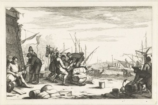 Harbor with merchants at a cart