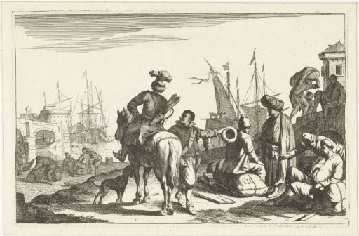 Harbor with merchants and a rider
