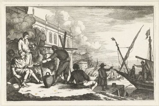 Harbor with merchants at a fire