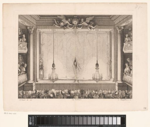Theatre with lowered curtain through which an actor looks into the auditorium