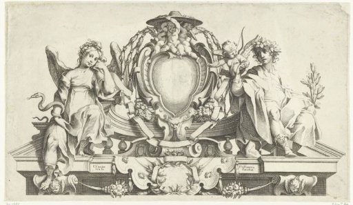 Pediment with a cartouche, flanked by two angels