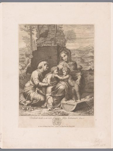 Mary with child standing in the manger, and Elizabeth with John