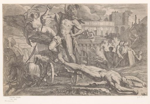 Achilles with the corpse of Hector behind his chariot of victory