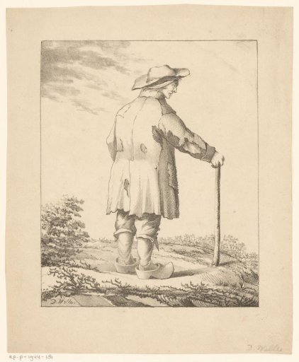 Poor man with walking stick seen from the back