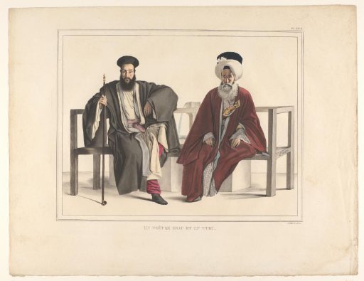 Greek priest and Turkish man sitting on a bench
