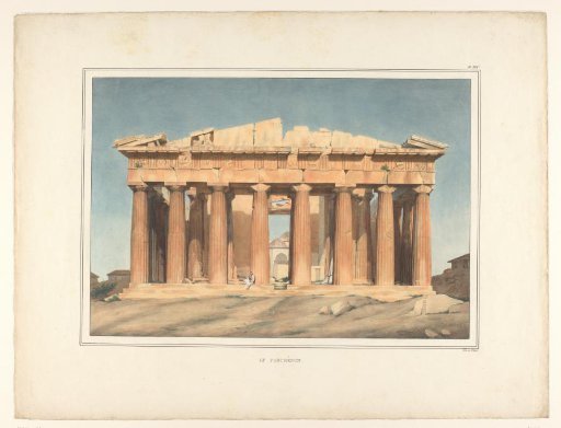 View of the Parthenon with a seated pipe-smoking figure