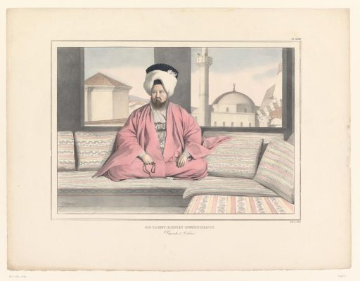 Portrait of Governor Mouhamet Ruscien Effendi Dervis sitting on a bench before a window