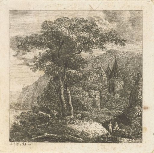 Mountainous landscape with trees, castle and two figures