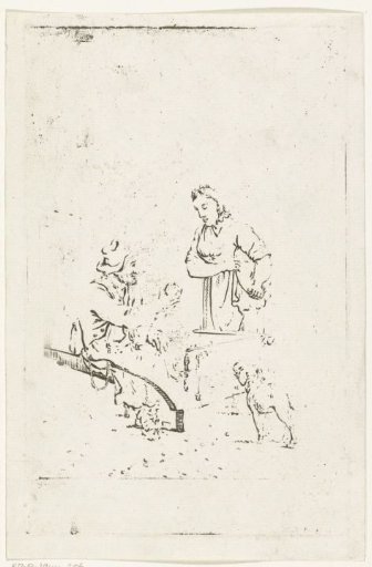 Man with a wheelbarrow offers fruit to a woman
