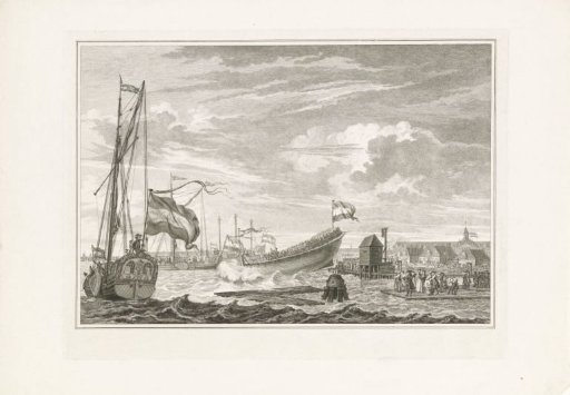Launching of the ship De Zon in the presence of Willem V of Orange-Nassau and Wilhelmina of Prussia