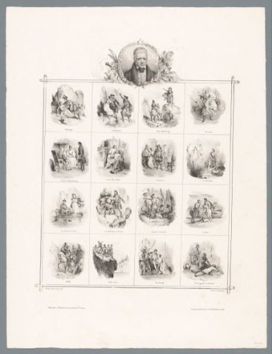 Portrait of Walter Scott and sixteen scenes from his works