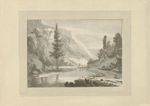Mountain landscape with shepherds on a riverbank