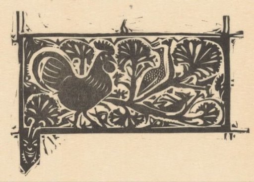 Title page headpiece with a rooster and animals hidden in bushes