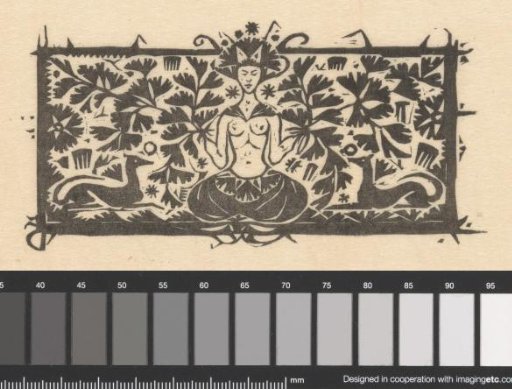 Title page headpiece with meditating woman, Venus's hair and dogs