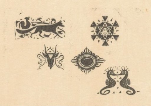 Vignettes with fox and rooster, woman's head, cow's head, ornament and seahorses