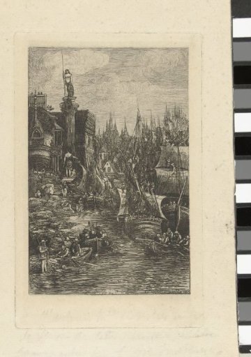 Fantasy landscape with harbour in a city and ships