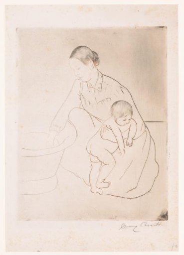Mother and child by bathtub