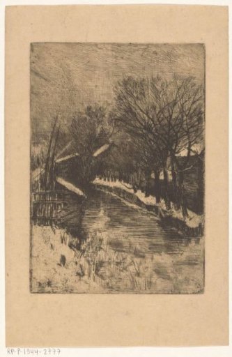 Snow-covered trees and buildings along a ditch
