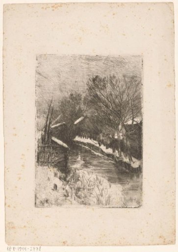 Snow-covered trees and buildings along a ditch