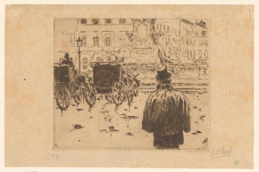 Carriages waiting at a fountain on a square