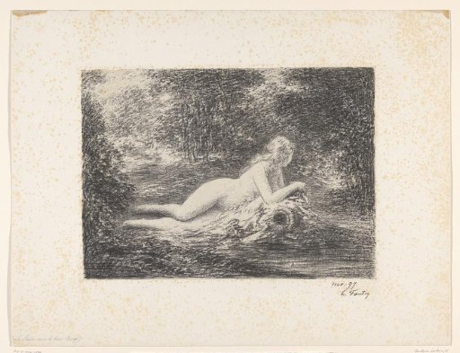 Nymph with a water jug by a forest stream