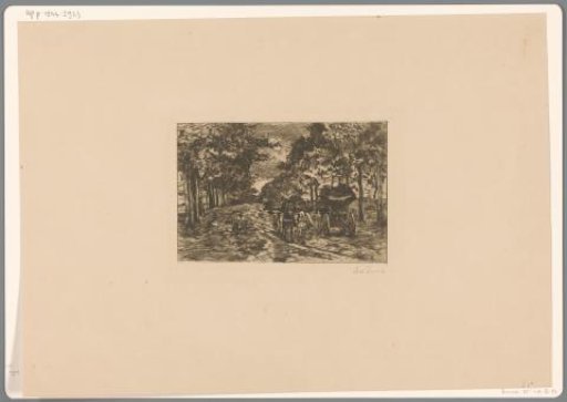 Country road with farmhouses and woman with wheelbarrow