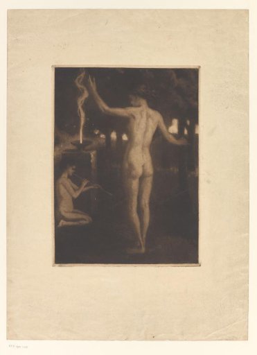 Idyllic landscape with two nude figures by candlelight