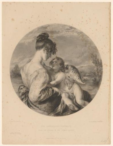 Young woman with a Cupid on her lap
