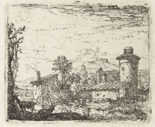 Italianate Landscape with Round Tower and Two Goats