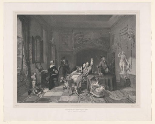 Newlywed couple in an interior with hunters