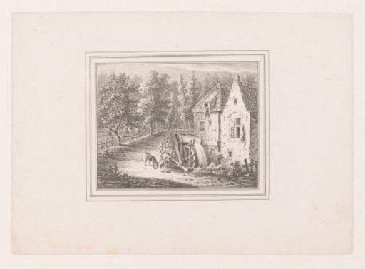 Landscape with a watermill and a grazing goat on a leash