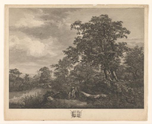 Forest landscape with a man and child walking along a river