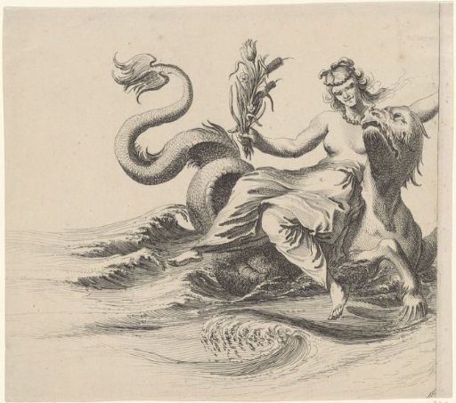 Woman sitting on a sea dragon in the waves with flowers in her hand