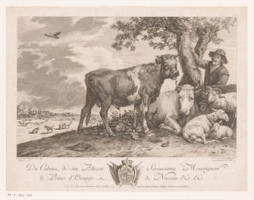 Bull with farmer and herd in a landscape