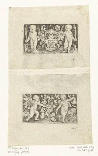 Title page print with two children with palm leaf next to coat of arms
