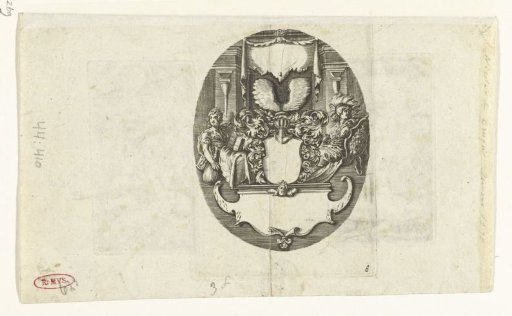 Coat of arms flanked by two muses above a cartouche