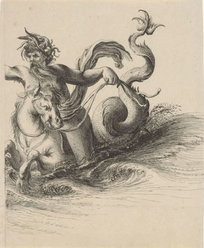Naked man with a beard and a headdress of reed stalks on his back, riding a seahorse