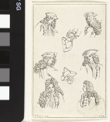 Six Male Heads with Wigs and Hats