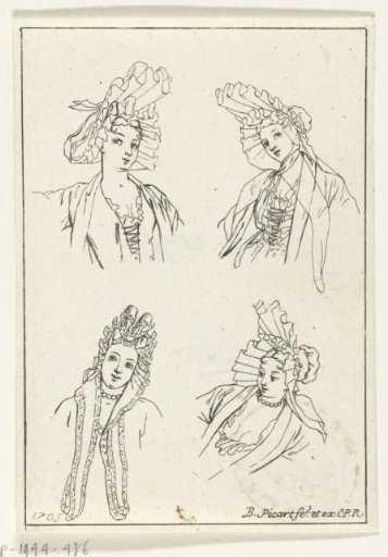 Four Female Heads in Various Poses, with Fontanges