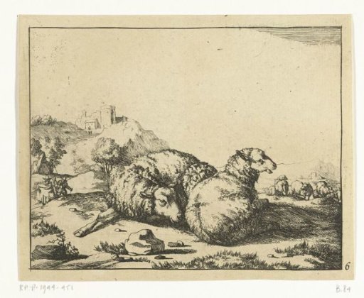 Two Recumbent Sheep, with a Mountain Village in Background