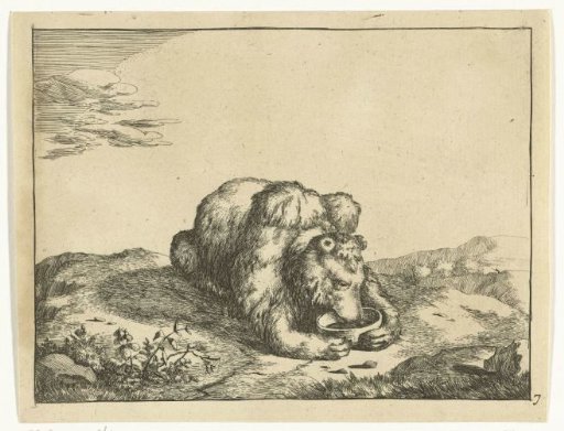 Recumbent Bear, from Front, Both Paws Around a Bowl