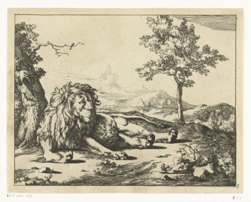 Recumbent lion looking sideways