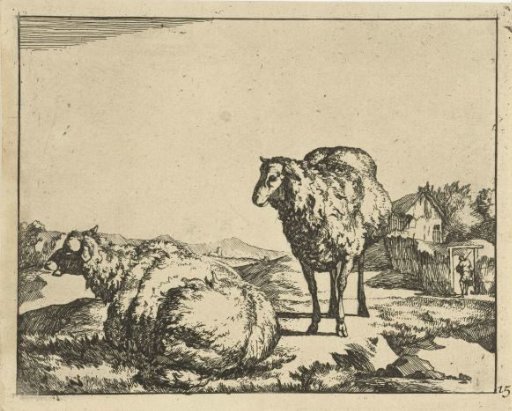 Standing and lying sheep with a farm in the background