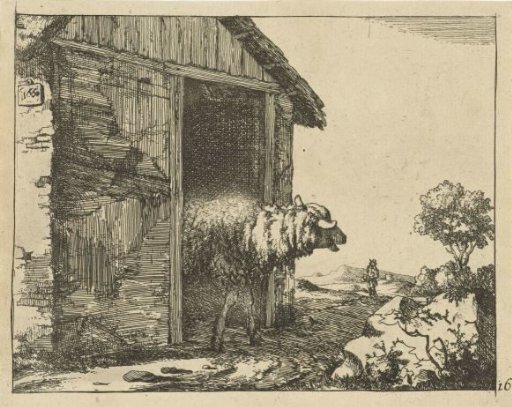 Sheep by a sheepfold