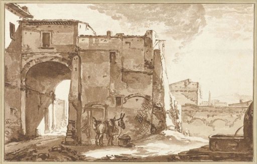 Gate with a traveler and a mule
