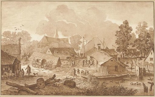 Village view with a pond