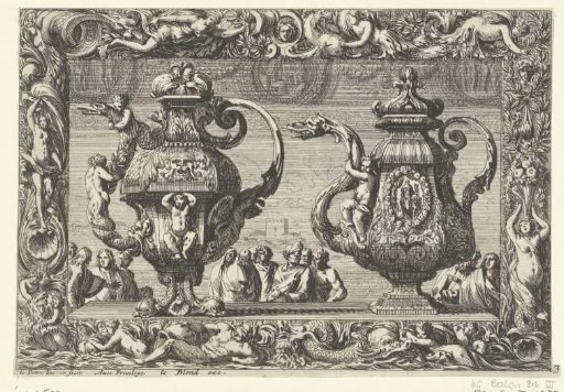 Two ewers in an ornamental frame